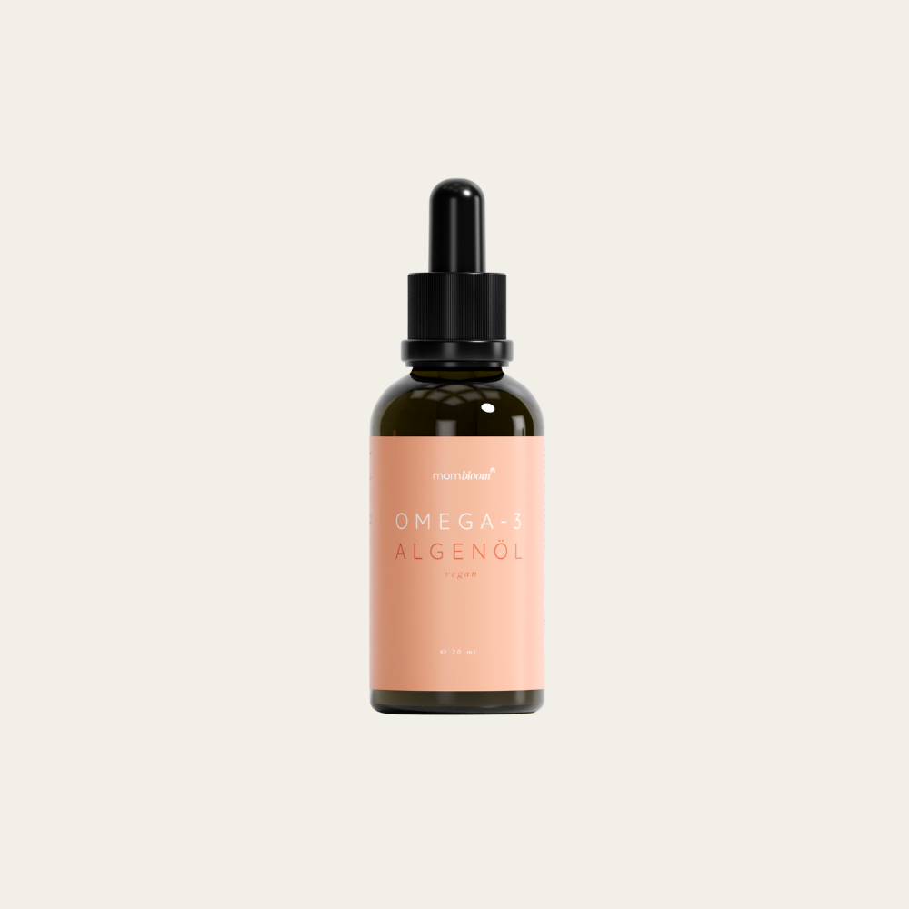 mombloom Omega-3 AlgenölVeganes Omega-3-Algenöl (DHA- und EPA-reiches Öl aus der Mikroalge Schizochytrium sp.) Mikroalge Schizochytrium als hervorragende Omega-3-Quelle für alle Schwangerschaftsphasen Wir empfehlen Omega in Tropenform, statt Kapselnmomblo