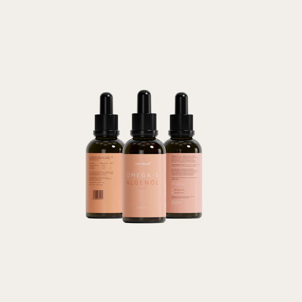 mombloom Omega-3 AlgenölVeganes Omega-3-Algenöl (DHA- und EPA-reiches Öl aus der Mikroalge Schizochytrium sp.) Mikroalge Schizochytrium als hervorragende Omega-3-Quelle für alle Schwangerschaftsphasen Wir empfehlen Omega in Tropenform, statt Kapselnmomblo