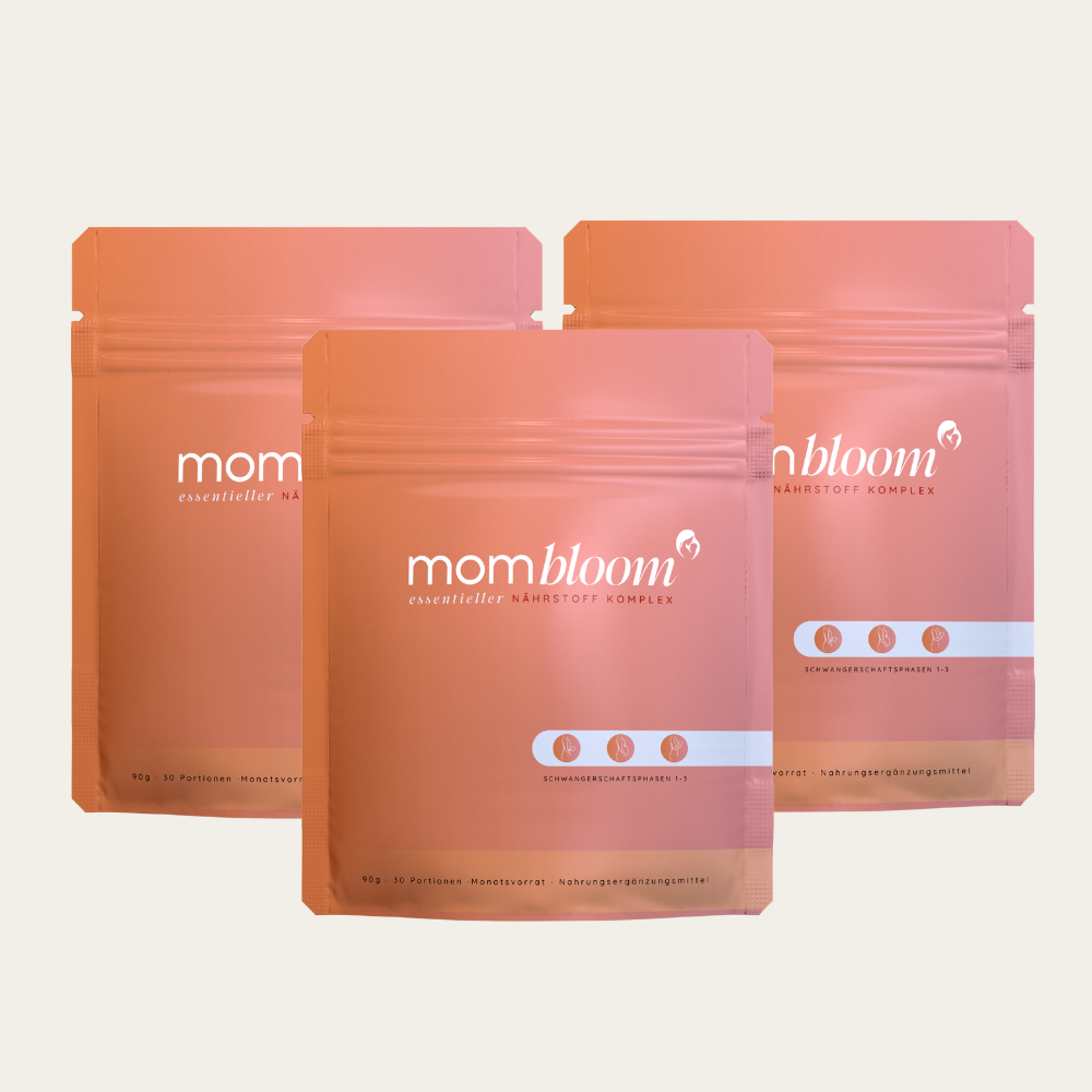 mombloom essentials Pulver (90g je Packung für 30 Tage)Enthält eine ausgewogene Mischung aus Myo-Inositol, Himbeer- Fruchtsaftpulver zur Geschmacksneutralität, Acerola Extrakt 400 µg Folsäure pro Tagesdosis, um die normale Entwicklung des Babys zu unterst