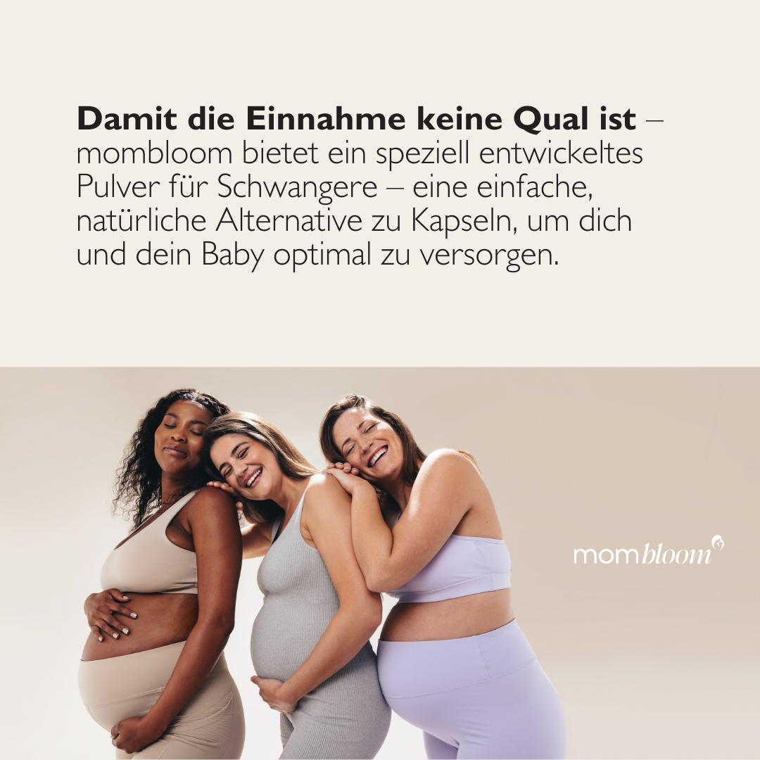 mombloom essentials Pulver (90g je Packung für 30 Tage)Enthält eine ausgewogene Mischung aus Myo-Inositol, Himbeer- Fruchtsaftpulver zur Geschmacksneutralität, Acerola Extrakt 400 µg Folsäure pro Tagesdosis, um die normale Entwicklung des Babys zu unterst
