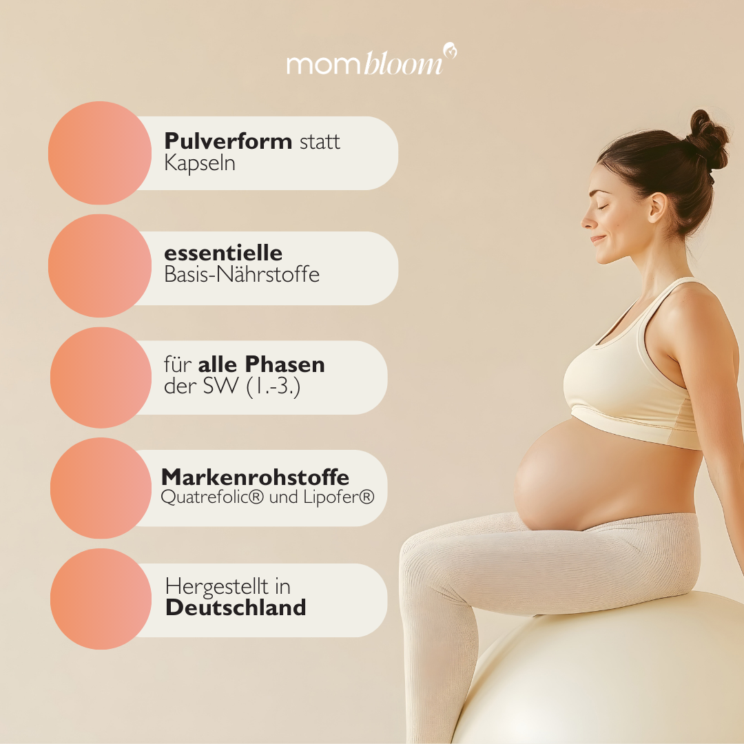 mombloom essentials Pulver (90g je Packung für 30 Tage)Enthält eine ausgewogene Mischung aus Myo-Inositol, Himbeer- Fruchtsaftpulver zur Geschmacksneutralität, Acerola Extrakt 400 µg Folsäure pro Tagesdosis, um die normale Entwicklung des Babys zu unterst