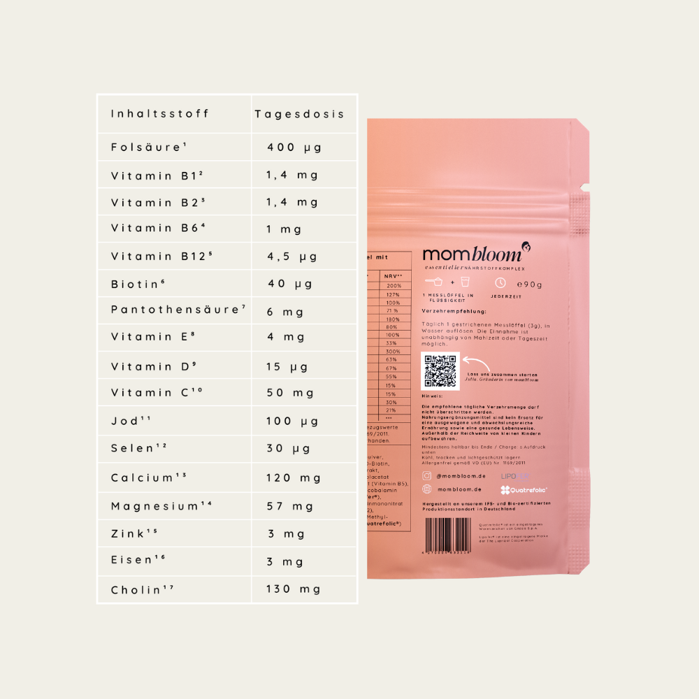 mombloom essentials Pulver (90g je Packung für 30 Tage)Enthält eine ausgewogene Mischung aus Myo-Inositol, Himbeer- Fruchtsaftpulver zur Geschmacksneutralität, Acerola Extrakt 400 µg Folsäure pro Tagesdosis, um die normale Entwicklung des Babys zu unterst