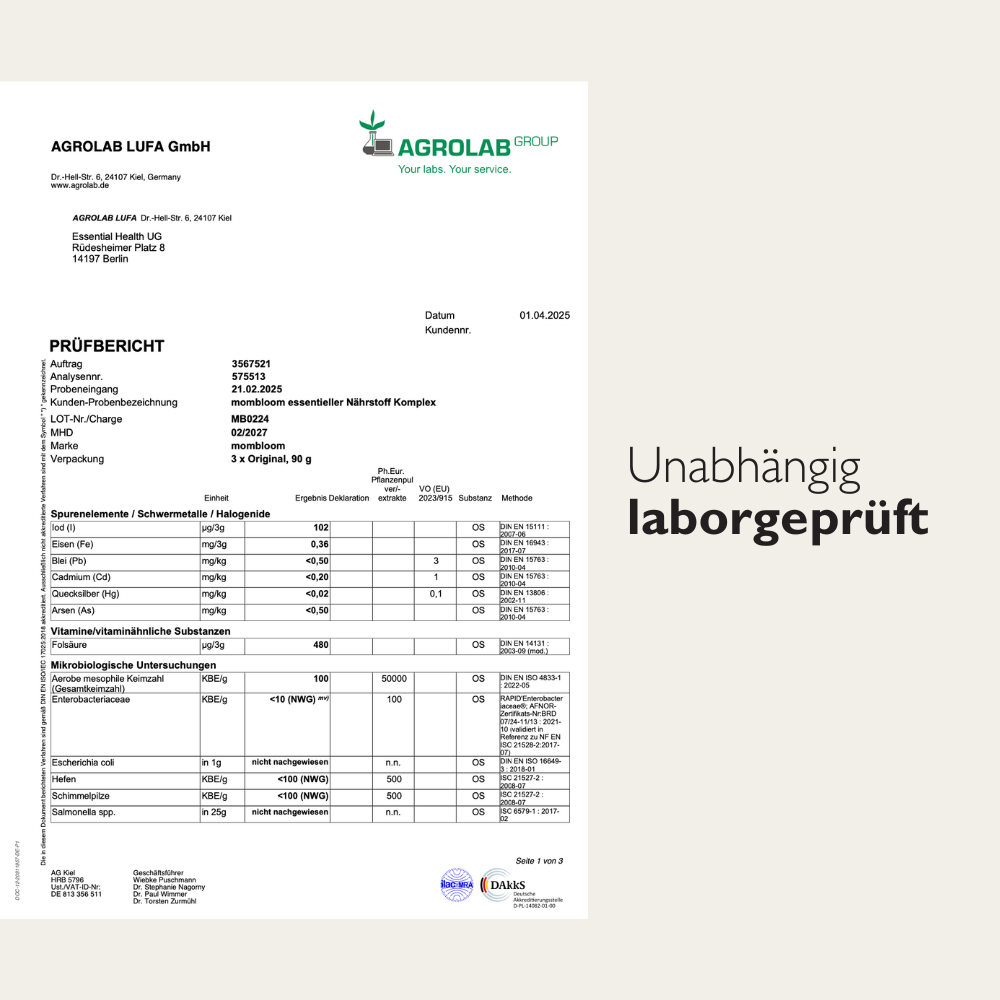 mombloom essentials Pulver (90g je Packung für 30 Tage)Enthält eine ausgewogene Mischung aus Myo-Inositol, Himbeer- Fruchtsaftpulver zur Geschmacksneutralität, Acerola Extrakt 400 µg Folsäure pro Tagesdosis, um die normale Entwicklung des Babys zu unterst