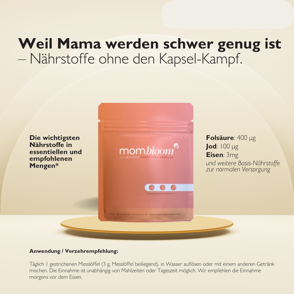 mombloom essentials Pulver (90g je Packung für 30 Tage)Enthält eine ausgewogene Mischung aus Myo-Inositol, Himbeer- Fruchtsaftpulver zur Geschmacksneutralität, Acerola Extrakt 400 µg Folsäure pro Tagesdosis, um die normale Entwicklung des Babys zu unterst